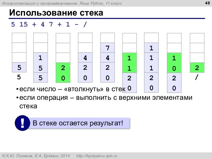 Использование стека 5 15 + 4 7 + 1 -