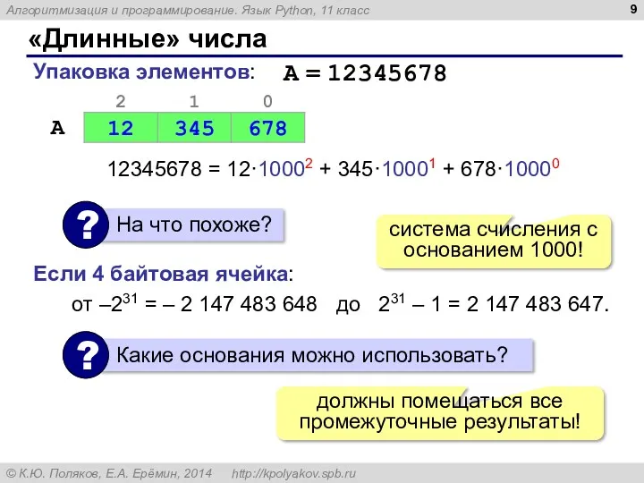 «Длинные» числа Упаковка элементов: 12345678 = 12·10002 + 345·10001 +