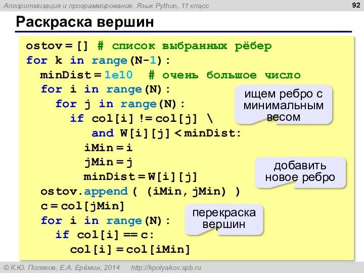 Раскраска вершин ostov = [] # список выбранных рёбер for