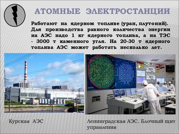 АТОМНЫЕ ЭЛЕКТРОСТАНЦИИ Курская АЭС Работают на ядерном топливе (уран, плутоний). Для производства равного