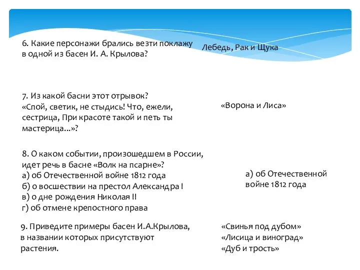 6. Какие персонажи брались везти поклажу в одной из басен