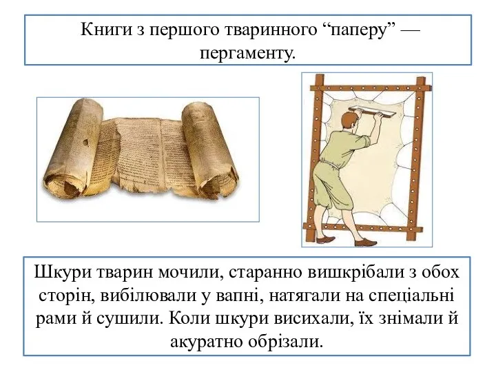 Книги з першого тваринного “паперу” — пергаменту. Шкури тварин мочили, старанно вишкрібали з