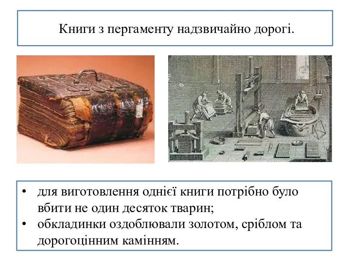 Книги з пергаменту надзвичайно дорогі. для виготовлення однієї книги потрібно