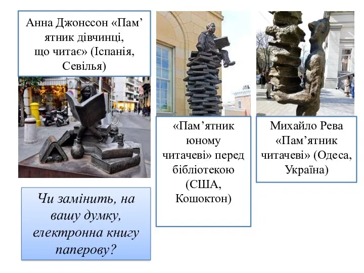 Анна Джонссон «Пам’ятник дівчинці, що читає» (Іспанія, Севілья) «Пам’ятник юному читачеві» перед бібліотекою