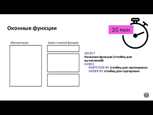 Оконные функции 20 мин SELECT Название функции (столбец для вычислений)