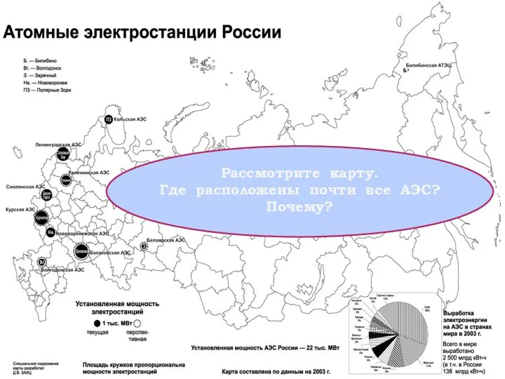 Рассмотрите карту. Где расположены почти все АЭС? Почему?