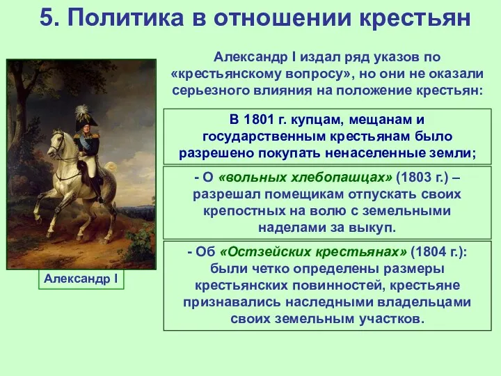 5. Политика в отношении крестьян Александр I издал ряд указов