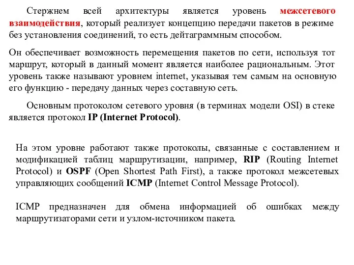 Стержнем всей архитектуры является уровень межсетевого взаимодействия, который реализует концепцию