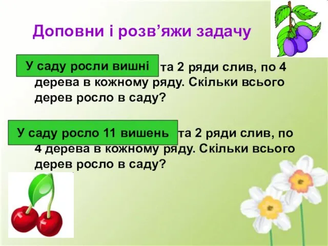 Доповни і розв’яжи задачу У саду росли вишні та 2