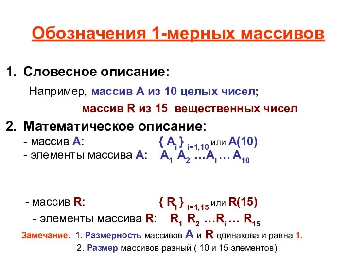 Обозначения 1-мерных массивов Словесное описание: Например, массив А из 10