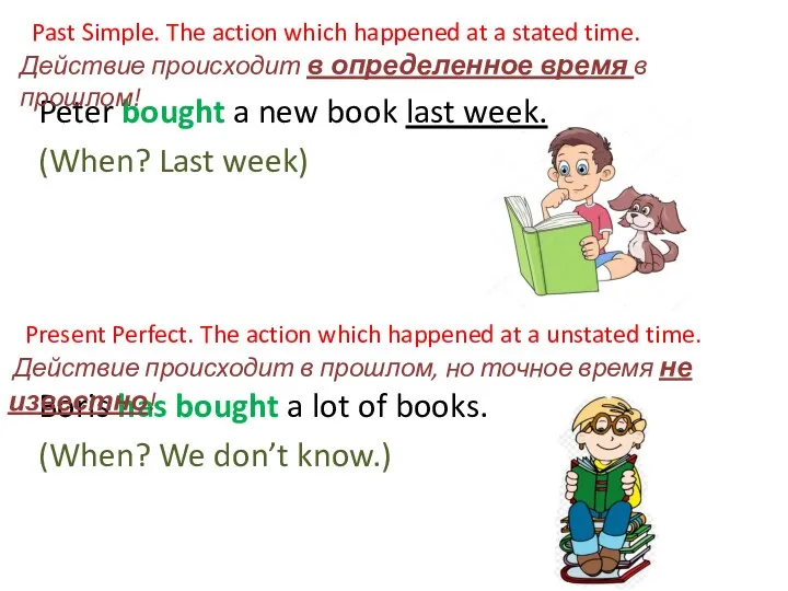 Peter bought a new book last week. (When? Last week)