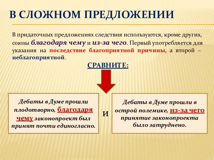 В СЛОЖНОМ ПРЕДЛОЖЕНИИ В придаточных предложениях следствия используются, кроме других,