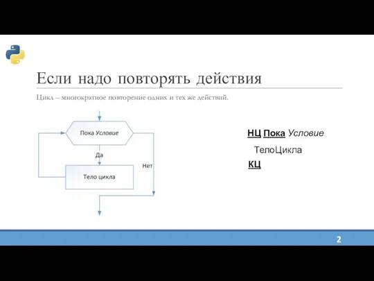 Если надо повторять действия Цикл – многократное повторение одних и тех же действий.