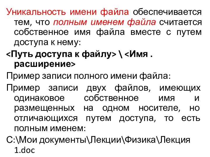 Уникальность имени файла обеспечивается тем, что полным именем файла считается