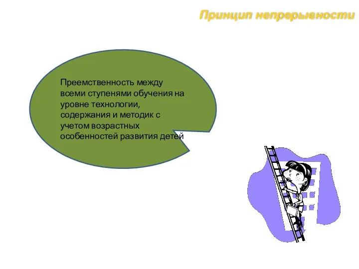 Принцип непрерывности Преемственность между всеми ступенями обучения на уровне технологии,