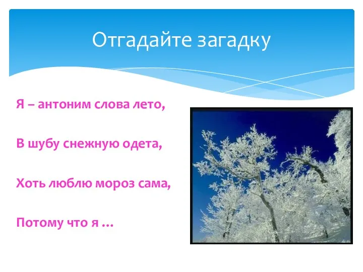 Я – антоним слова лето, В шубу снежную одета, Хоть