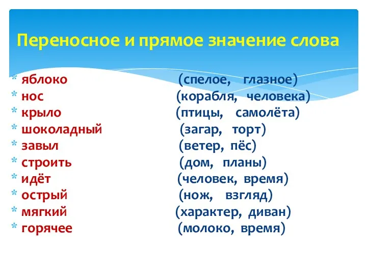 Переносное и прямое значение слова яблоко (спелое, глазное) нос (корабля,