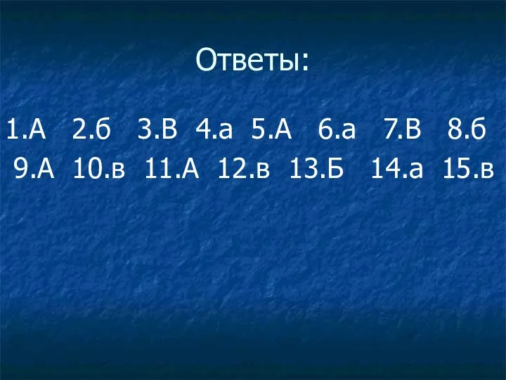 Ответы: 1.А 2.б 3.В 4.а 5.А 6.а 7.В 8.б 9.А 10.в 11.А 12.в 13.Б 14.а 15.в