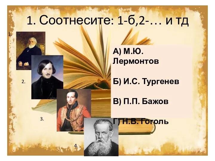 1. Соотнесите: 1-б,2-… и тд 1. 2. 3. 4. А) М.Ю. Лермонтов Б)