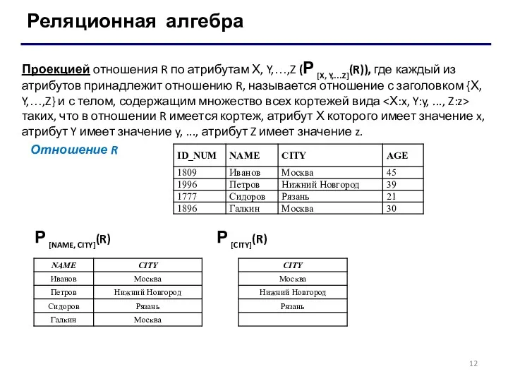 Реляционная алгебра Проекцией отношения R по атрибутам Х, Y,…,Z (P