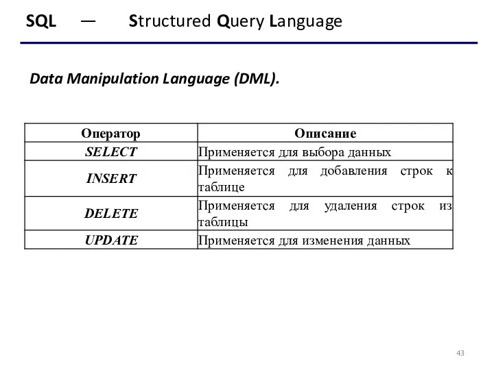 SQL — Structured Query Language Data Manipulation Language (DML).