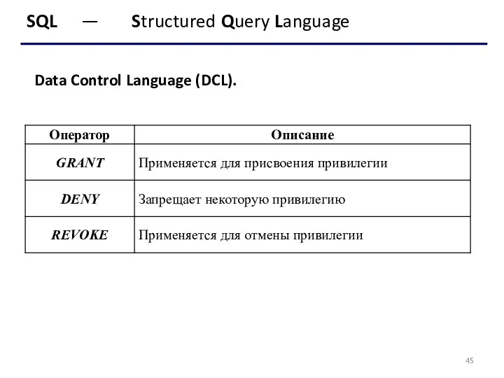 SQL — Structured Query Language Data Control Language (DCL).