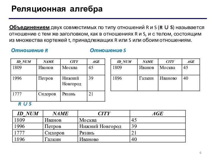 Реляционная алгебра Объединением двух совместимых по типу отношений R и