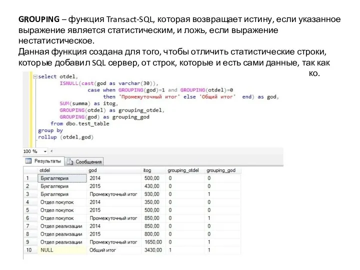 GROUPING – функция Transact-SQL, которая возвращает истину, если указанное выражение