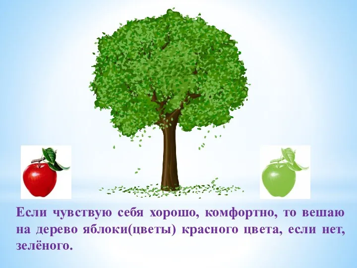 Если чувствую себя хорошо, комфортно, то вешаю на дерево яблоки(цветы) красного цвета, если нет, зелёного.