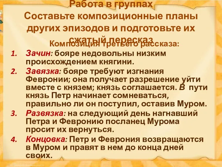 Работа в группах Составьте композиционные планы других эпизодов и подготовьте