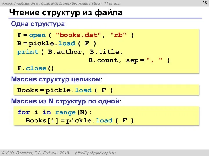 Чтение структур из файла F = open ( "books.dat", "rb"