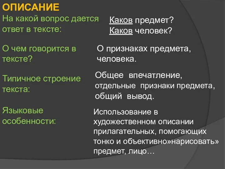 ОПИСАНИЕ На какой вопрос дается ответ в тексте: Каков предмет?