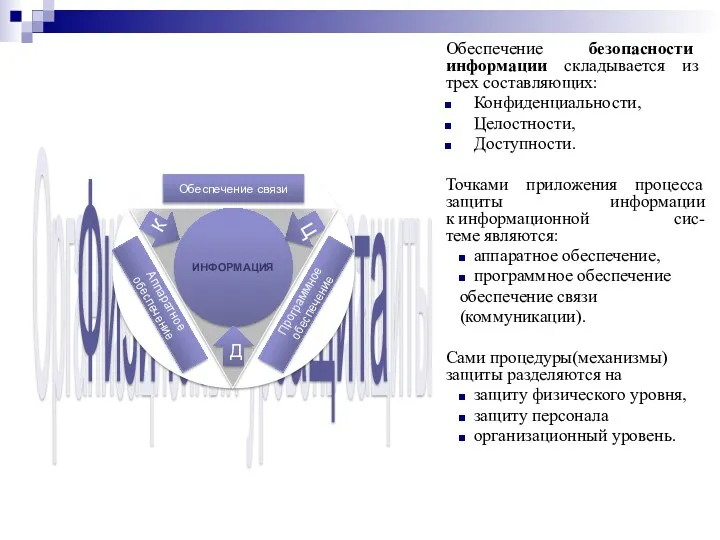 Организационный уровень защиты Защита персонала Физическая защита Обеспечение безопасности информации