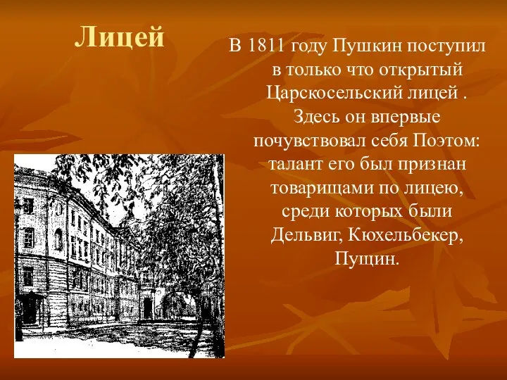 Лицей В 1811 году Пушкин поступил в только что открытый Царскосельский лицей .