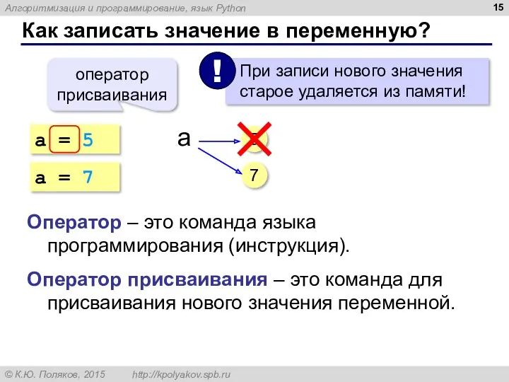 Как записать значение в переменную? a = 5 оператор присваивания