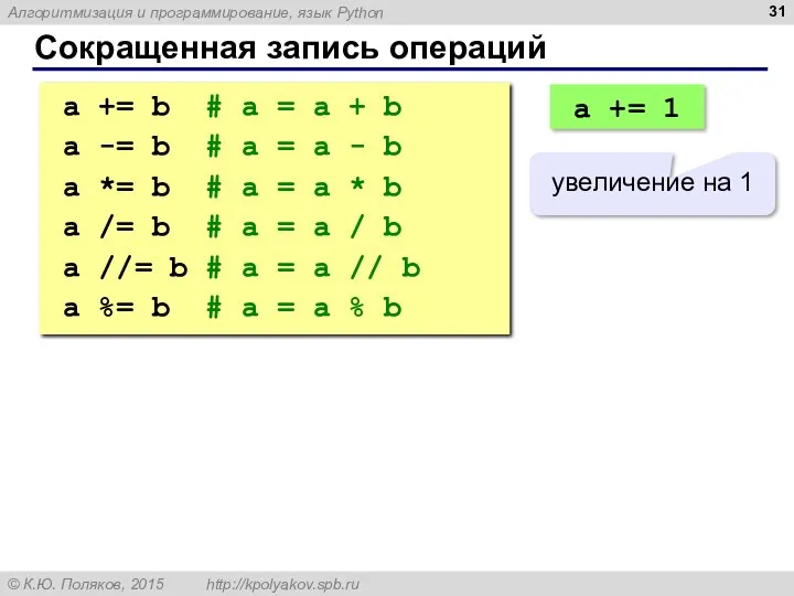 Сокращенная запись операций a += b # a = a