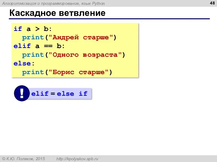 Каскадное ветвление if a > b: print("Андрей старше") elif a