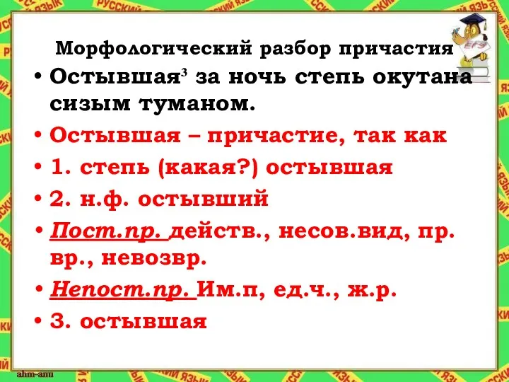 Морфологический разбор причастия Остывшая³ за ночь степь окутана сизым туманом.