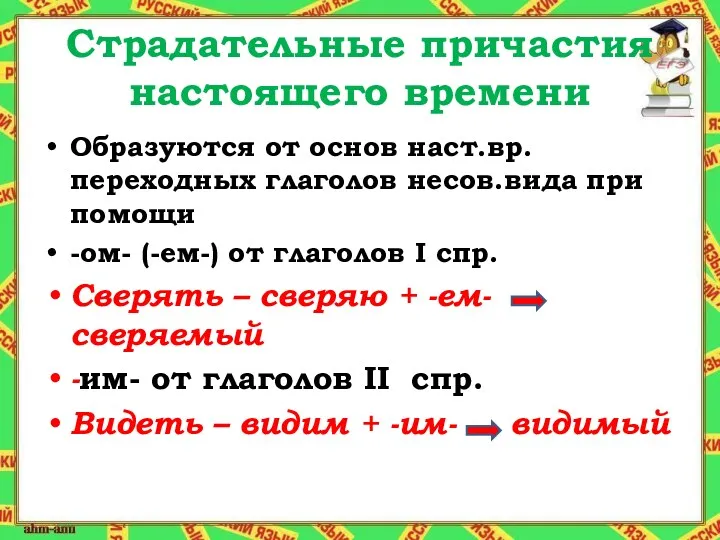 Страдательные причастия настоящего времени Образуются от основ наст.вр. переходных глаголов