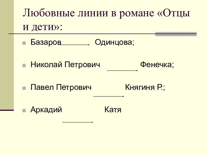 Любовные линии в романе «Отцы и дети»: Базаров Одинцова; Николай