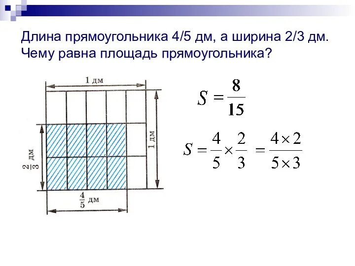 Длина прямоугольника 4/5 дм, а ширина 2/3 дм. Чему равна площадь прямоугольника?