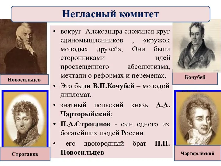 вокруг Александра сложился круг единомышленников , «кружок молодых друзей». Они