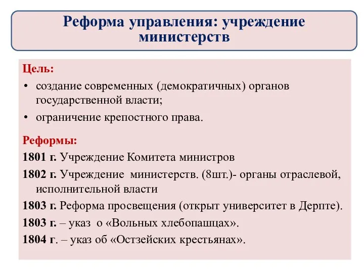 Цель: создание современных (демократичных) органов государственной власти; ограничение крепостного права.