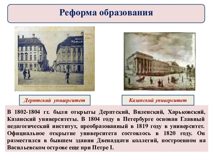 В 1802-1804 гг. были открыты Дерптский, Виленский, Харьковский, Казанский университеты.
