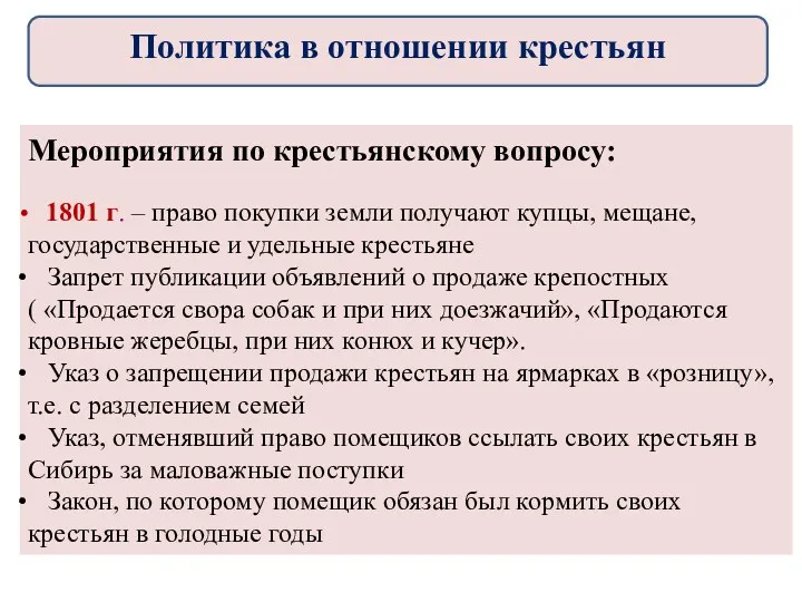 Мероприятия по крестьянскому вопросу: 1801 г. – право покупки земли