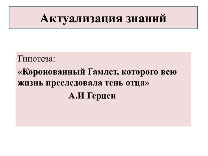 Гипотеза: «Коронованный Гамлет, которого всю жизнь преследовала тень отца» А.И Герцен Актуализация знаний