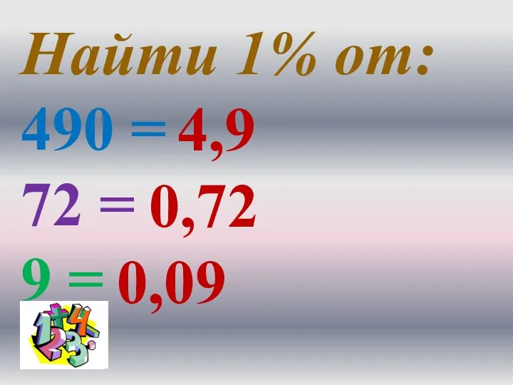 Найти 1% от: 490 = 72 = 9 = 4,9 0,72 0,09