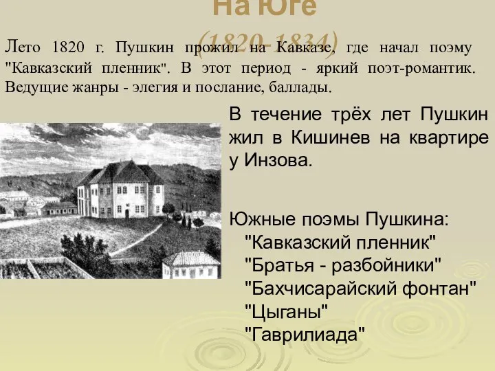 На Юге (1820-1834) Лето 1820 г. Пушкин прожил на Кавказе,