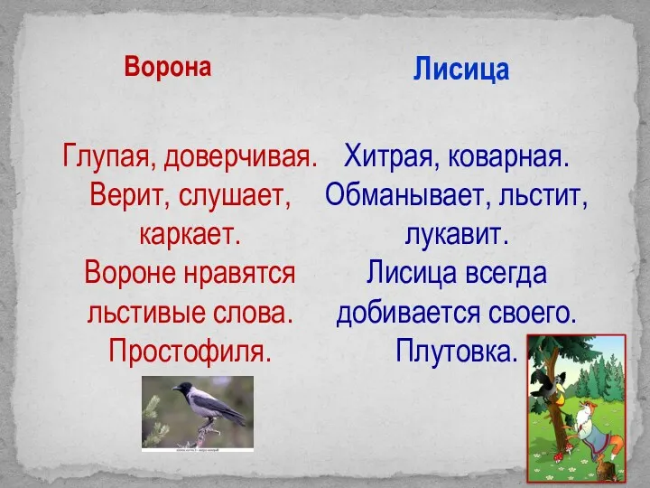 Ворона Глупая, доверчивая. Верит, слушает, каркает. Вороне нравятся льстивые слова.