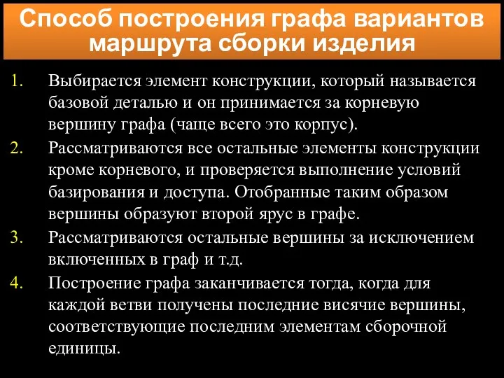 Способ построения графа вариантов маршрута сборки изделия Выбирается элемент конструкции,